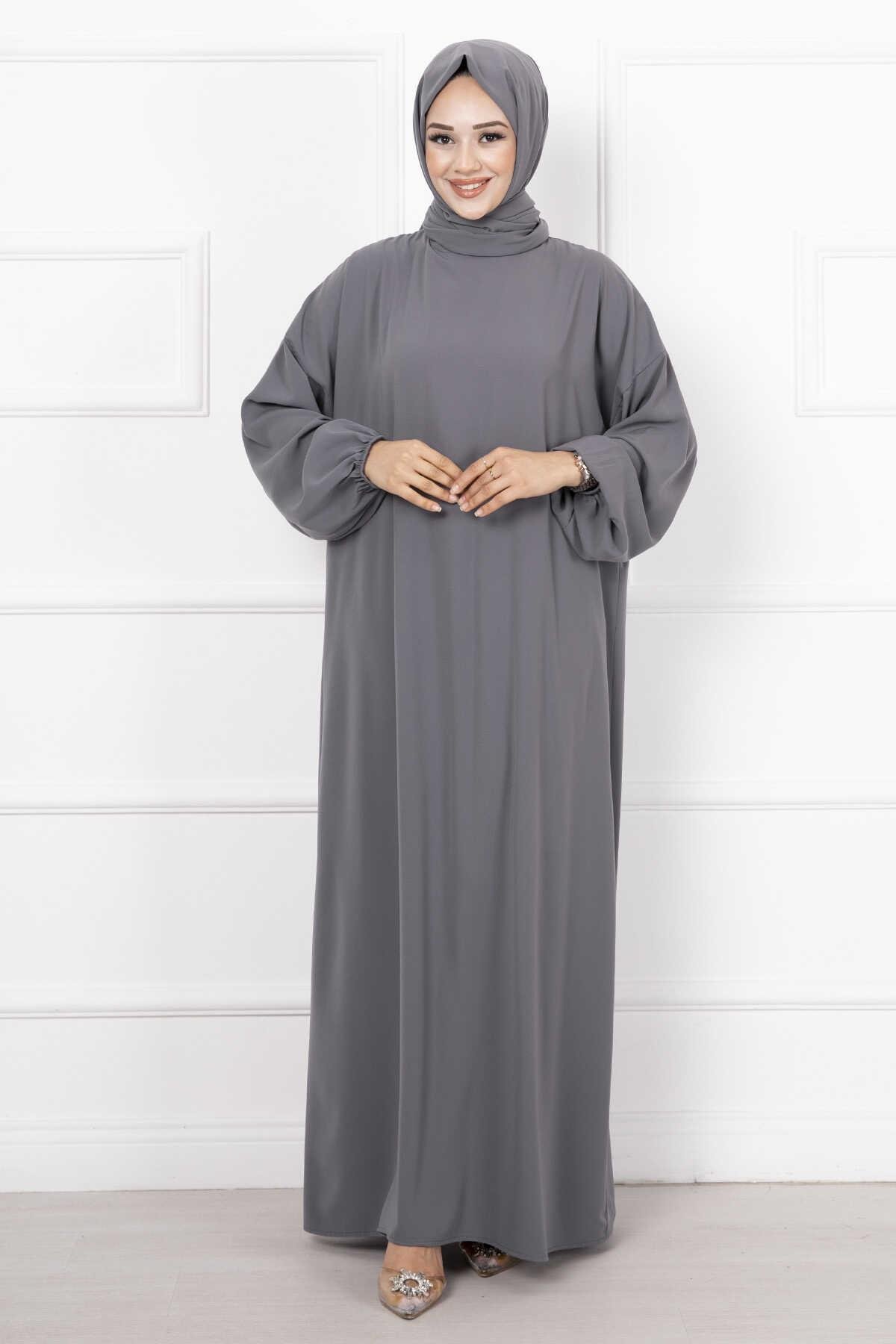 Tesettür Şallı Fermuarlı Namaz Elbisesi Füme
