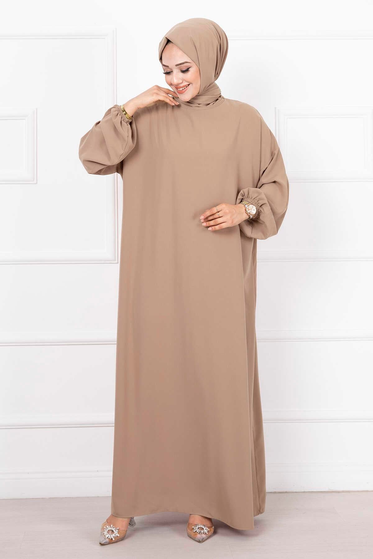 Tesettür Şallı Namaz Elbisesi Bej