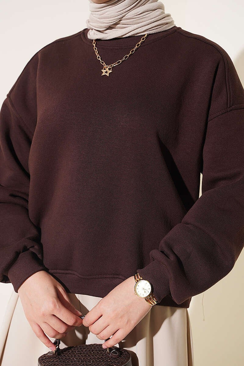 Üç İplik Şardonlu Sweatshirt Kahve