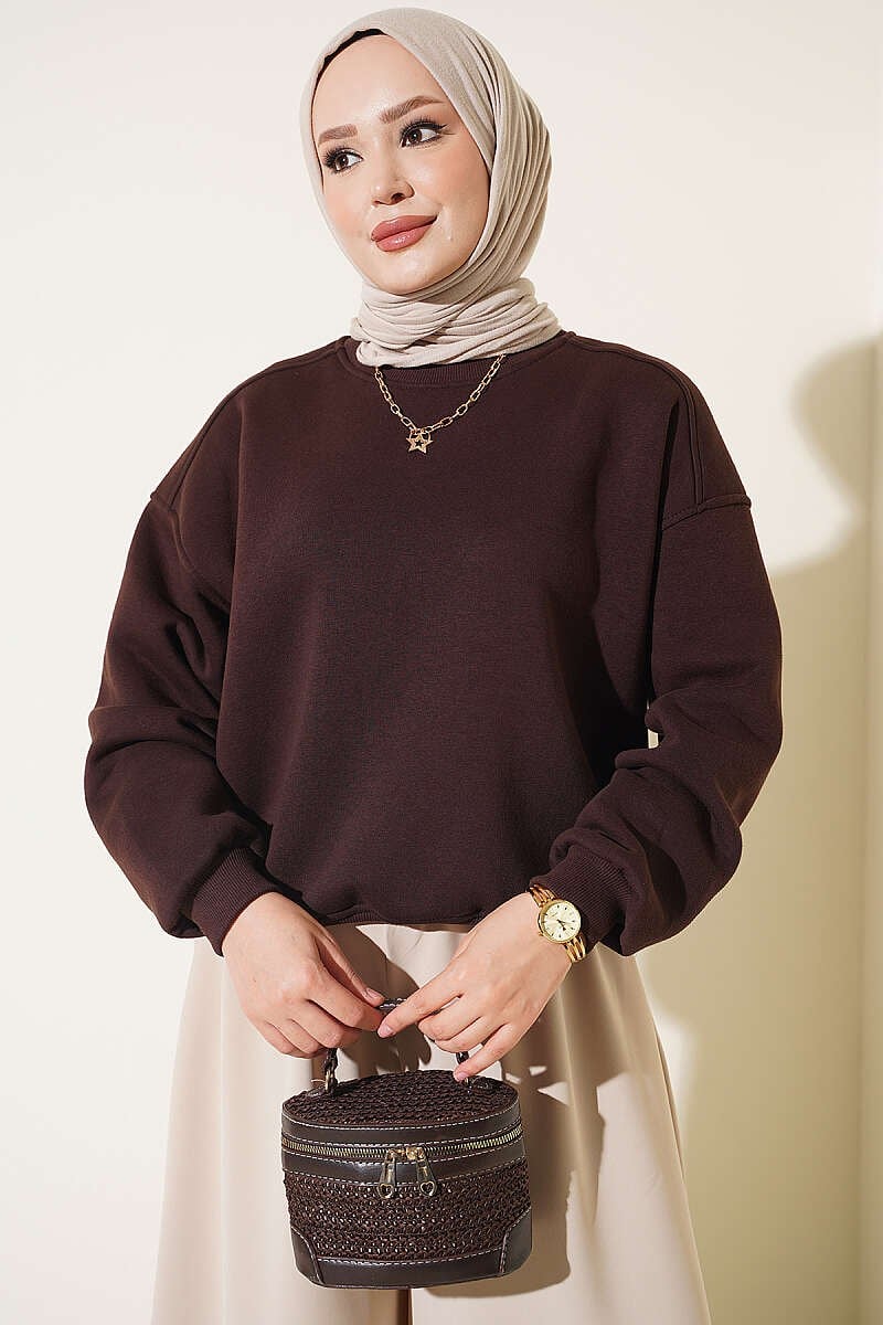 Üç İplik Şardonlu Sweatshirt Kahve
