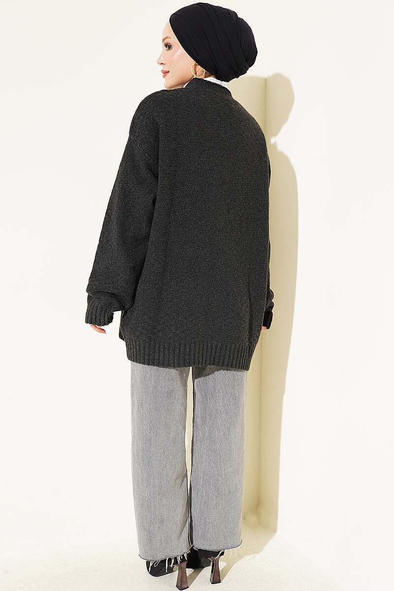 V Yaka Düğmeli Oversize Triko Hırka Antrasit