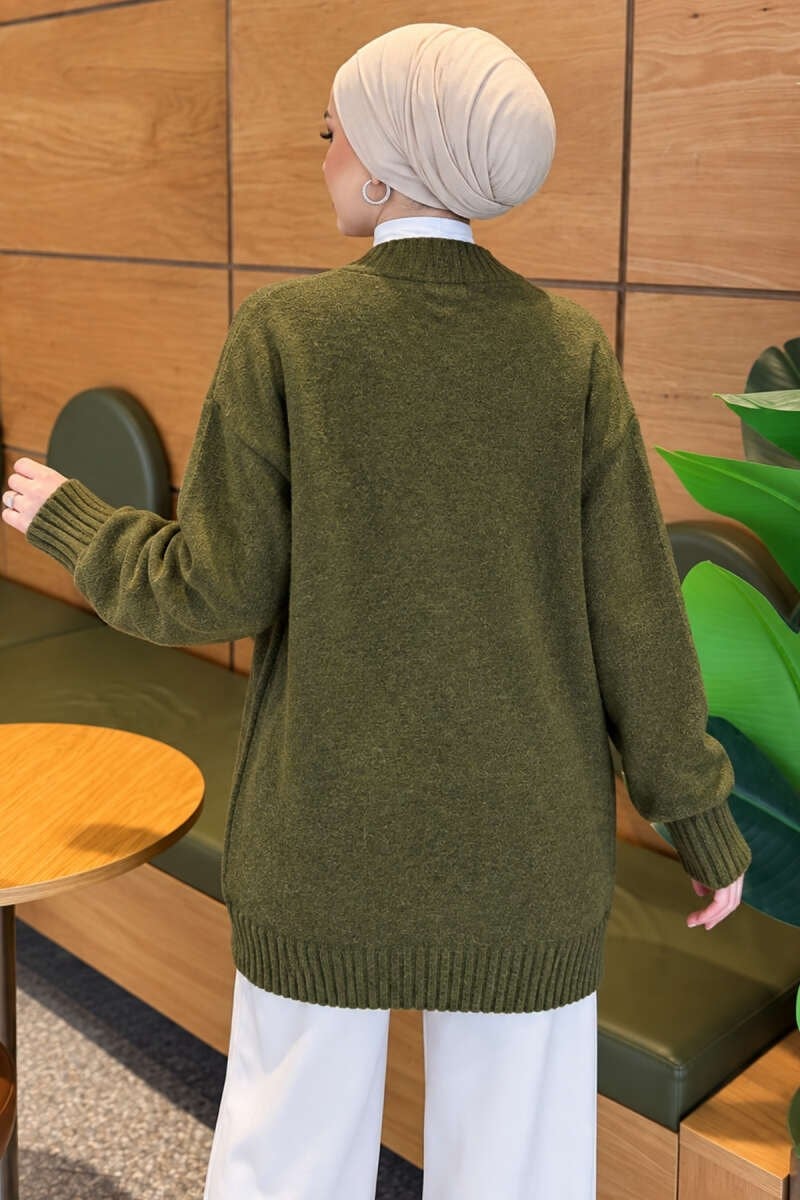 V Yaka Düğmeli Oversize Triko Hırka Haki