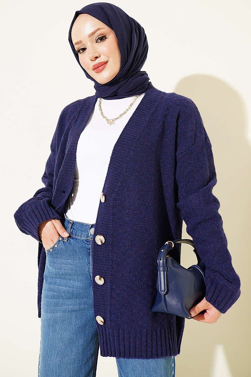 V Yaka Düğmeli Oversize Triko Hırka Lacivert