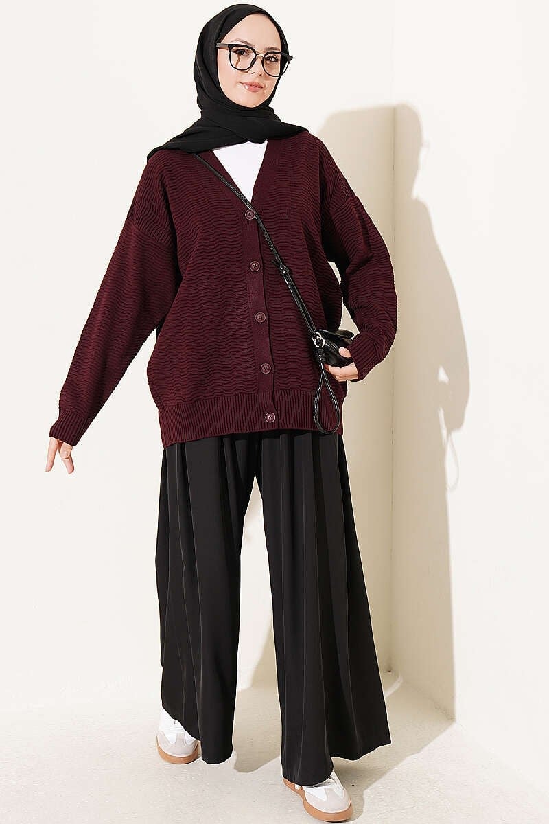 V Yaka Ribanalı Oversize Triko Hırka Bordo
