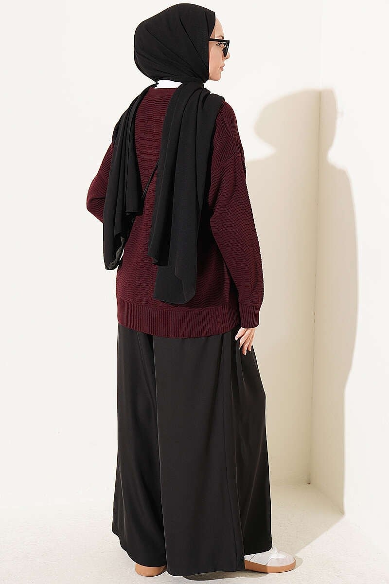 V Yaka Ribanalı Oversize Triko Hırka Bordo