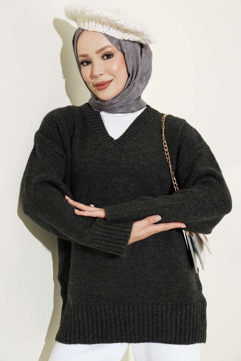 V Yaka Ribanalı Triko Tunik Antrasit