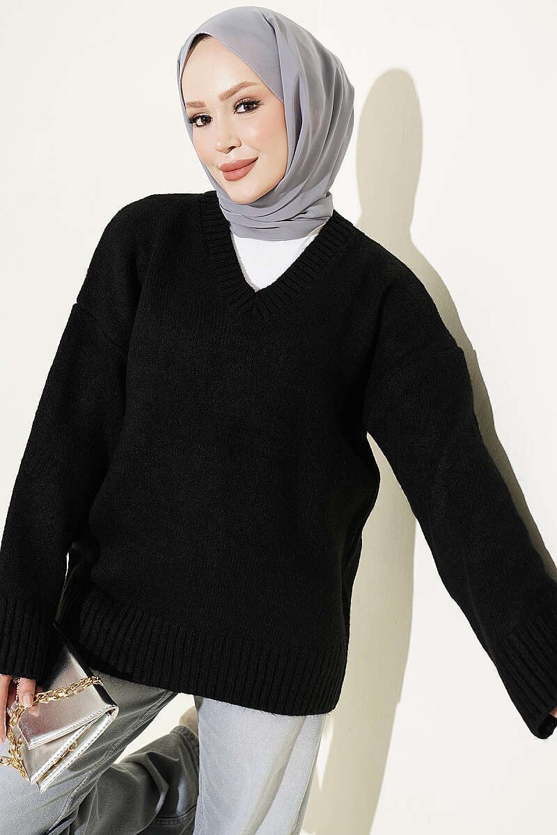 V Yaka Ribanalı Triko Tunik Siyah