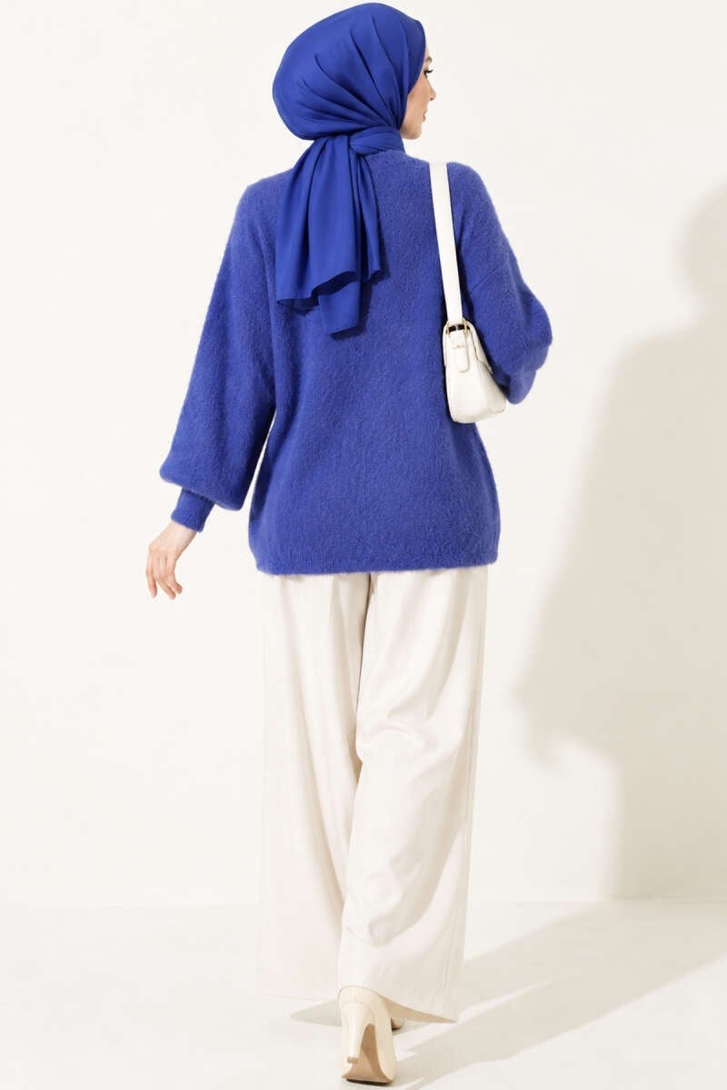 V Yaka Sakallı Düğmeli Hırka Saks