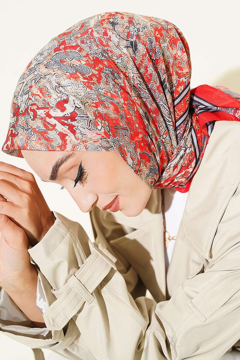 Velora Desenli Soft Eşarp Nar Çiçeği
