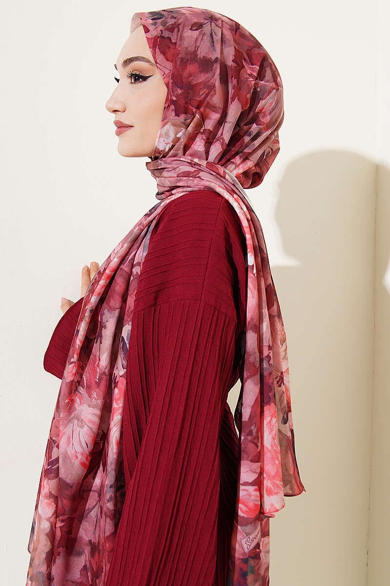 Watercolor Flower Desen Şal Bordo