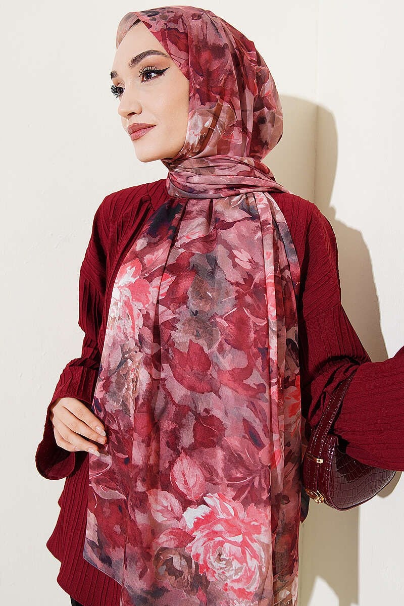 Watercolor Flower Desen Şal Bordo