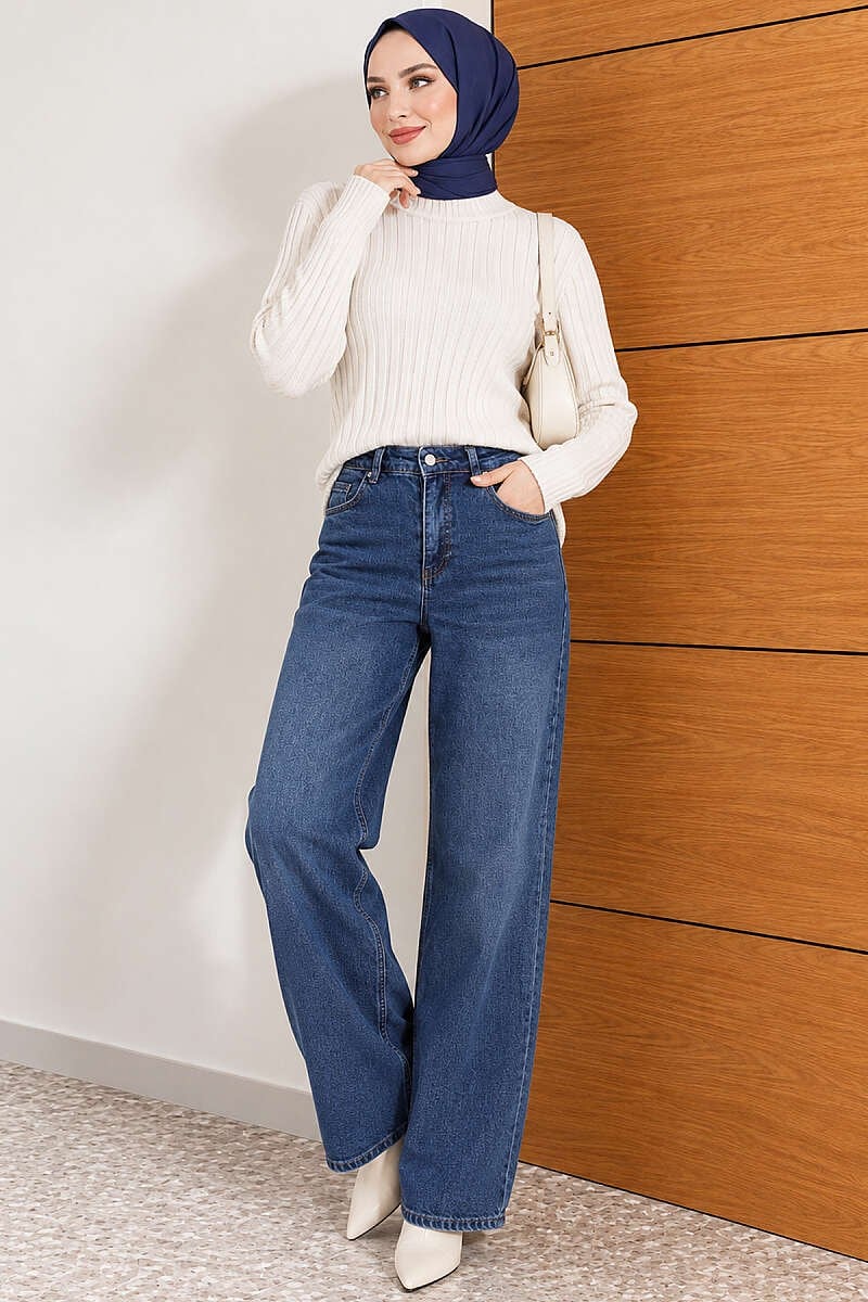 Wide Leg Kot Pantolon Mavi