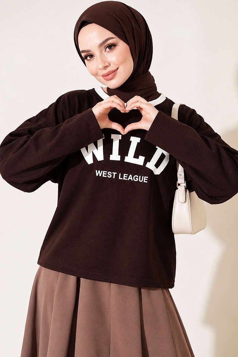 Wild Baskılı Sweatshirt Acı Kahve