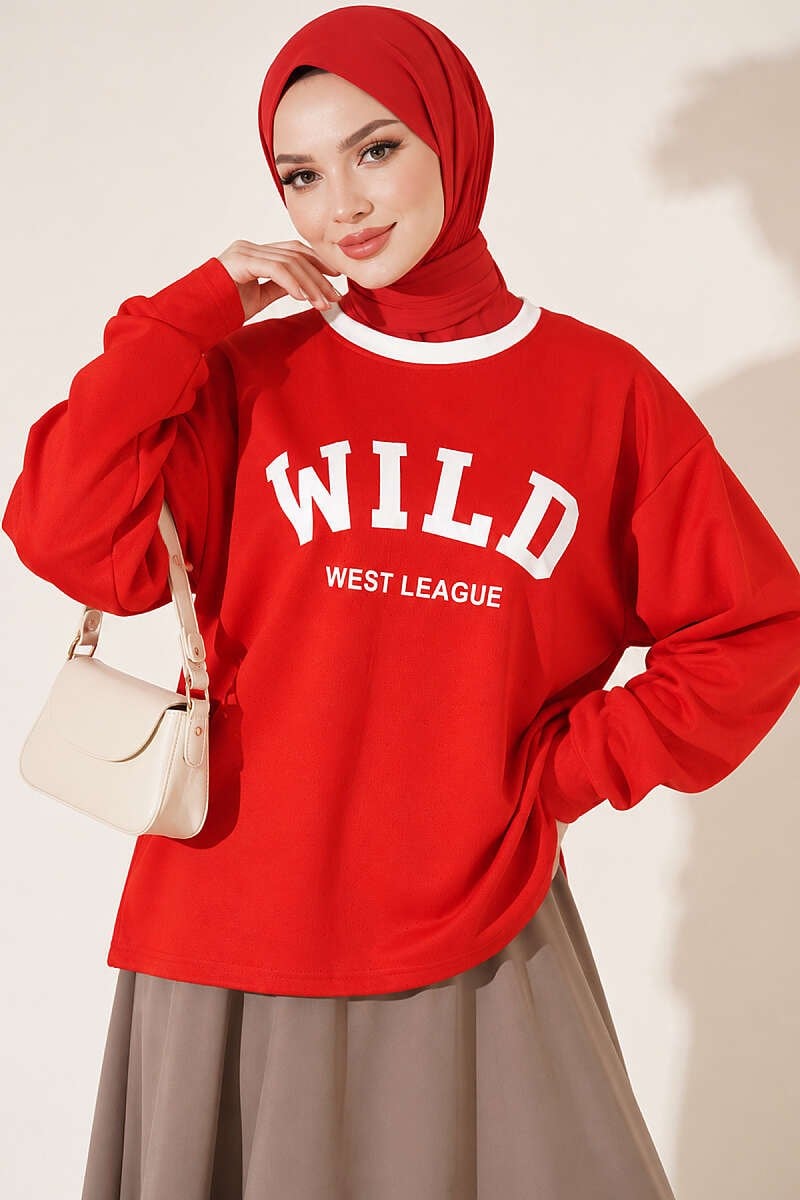 Wild Baskılı Sweatshirt Kırmızı