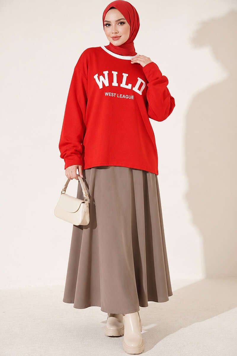 Wild Baskılı Sweatshirt Kırmızı