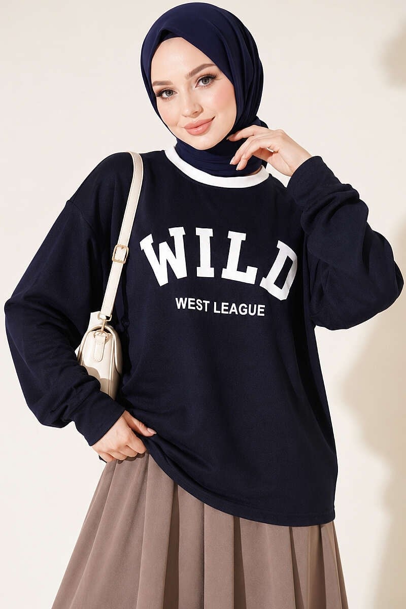 Wild Baskılı Sweatshirt Lacivert