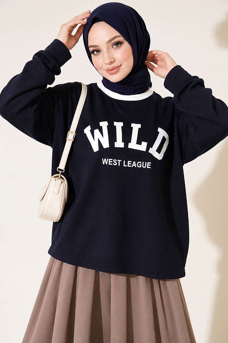 Wild Baskılı Sweatshirt Lacivert