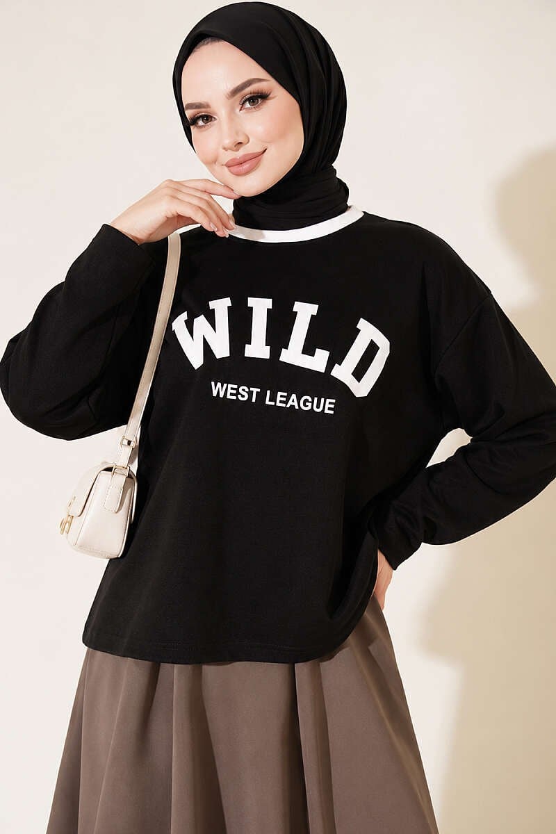 Wild Baskılı Sweatshirt Siyah