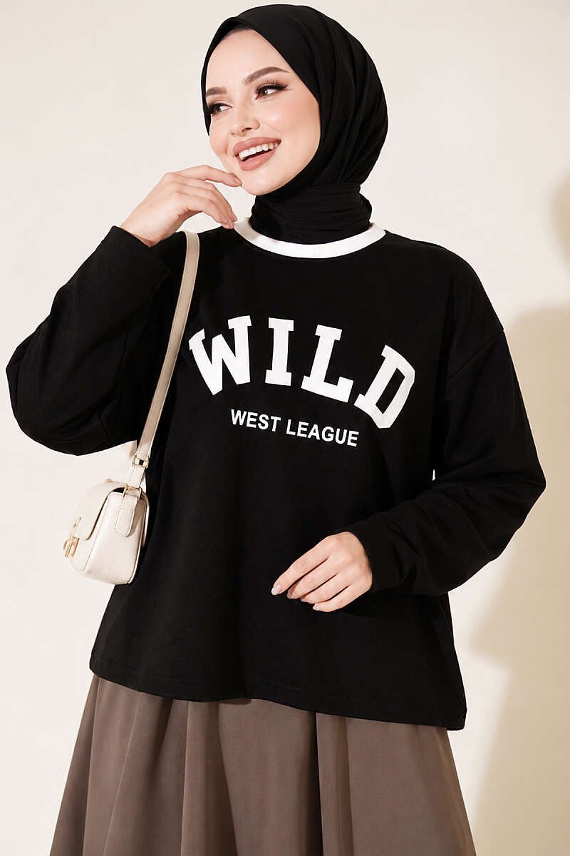 Wild Baskılı Sweatshirt Siyah