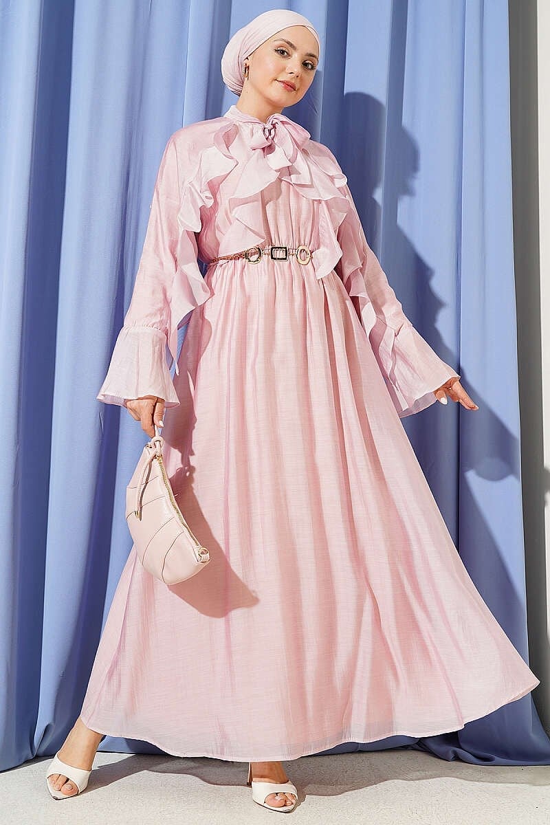 Yaka Bağlamalı Fırfırlı Elbise Pembe