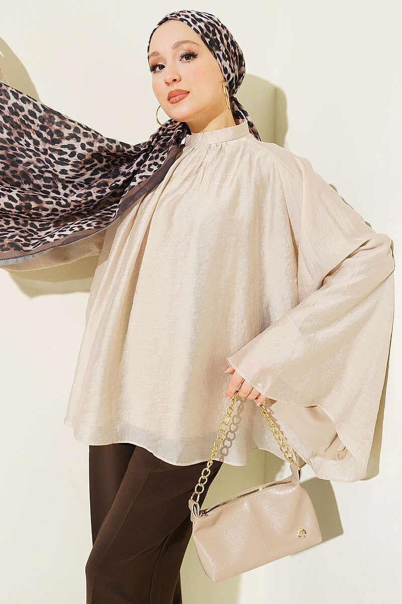 Yaka Büzgülü Oversize Tunik Bej