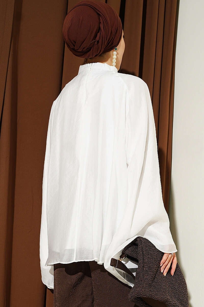 Yaka Büzgülü Oversize Tunik Beyaz