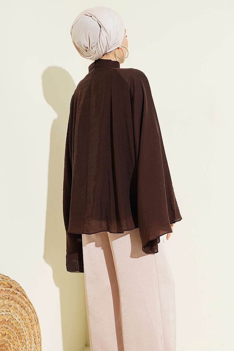 Yaka Büzgülü Oversize Tunik Kahve