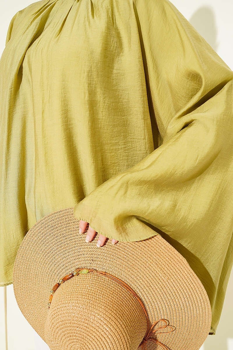 Yaka Büzgülü Oversize Tunik Yağ Yeşili