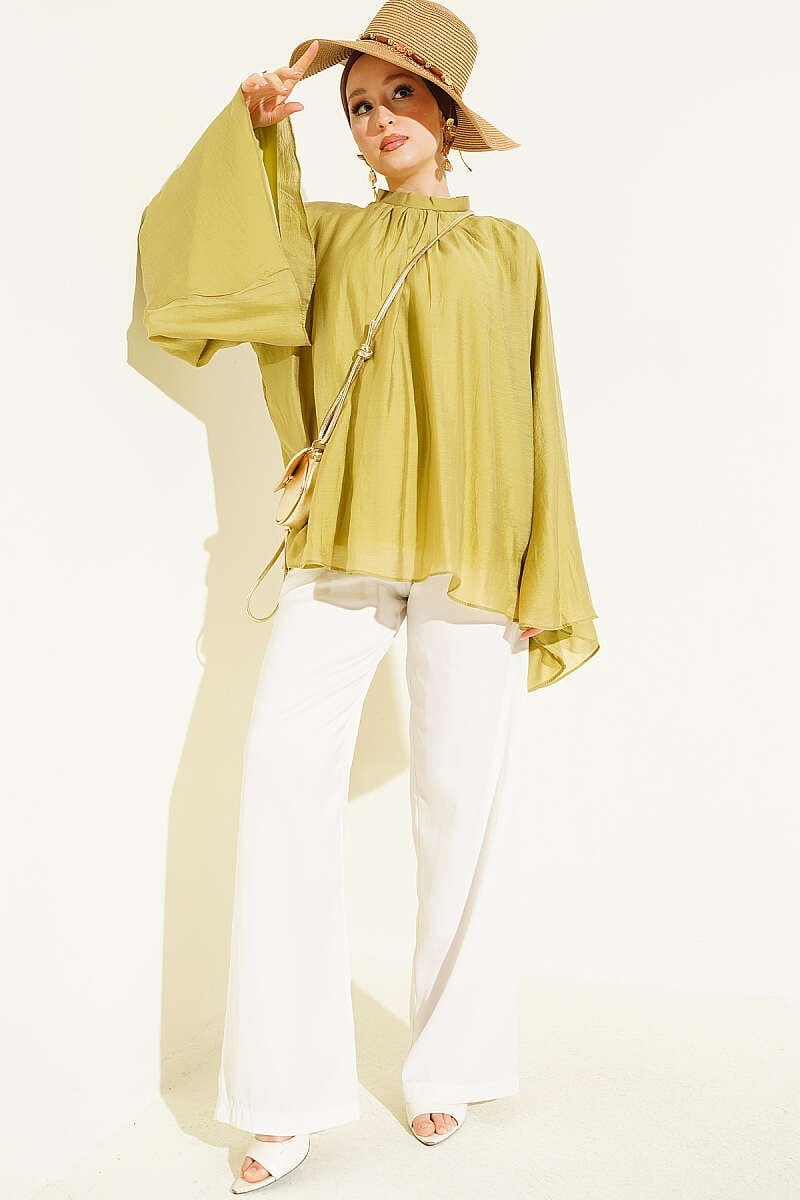Yaka Büzgülü Oversize Tunik Yağ Yeşili
