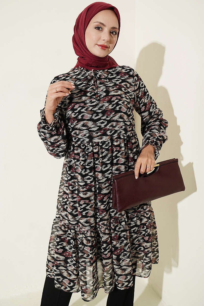 Yaka Fırfır Detaylı Şifon Tunik Bordo