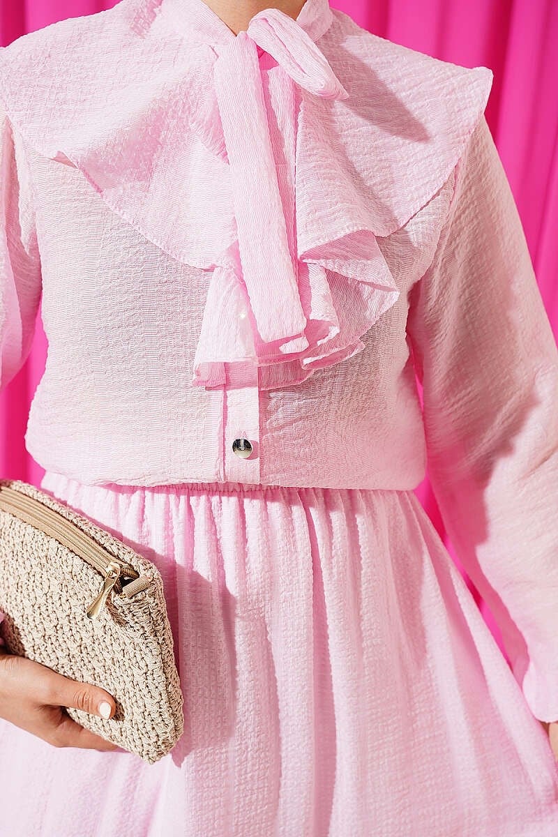 Yaka Fırfırlı Bağcıklı Etekli İkili Takım Pembe