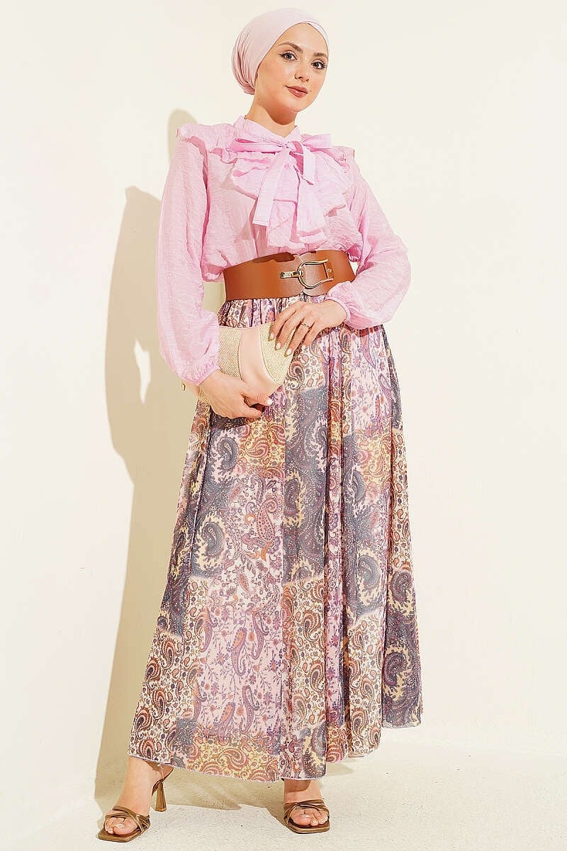 Yaka Fırfırlı Desenli Etekli Takım Pembe