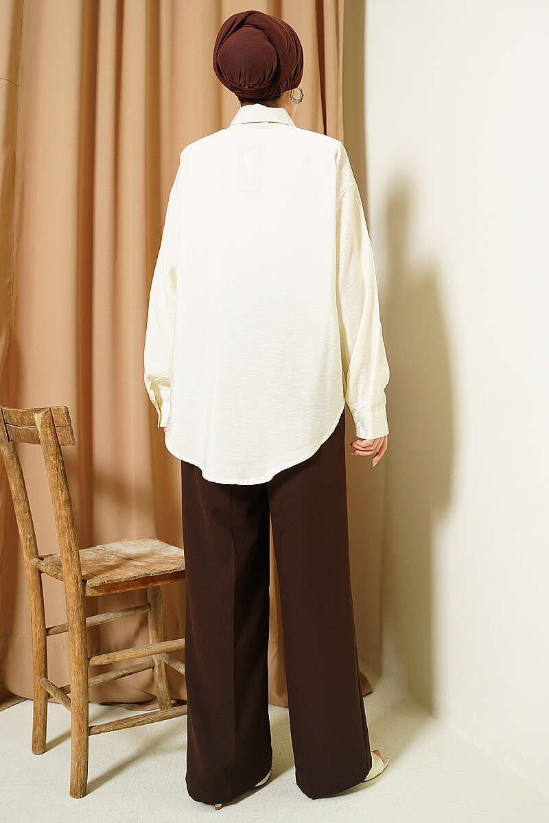 Yaka Fularlı Basic Gömlek Krem