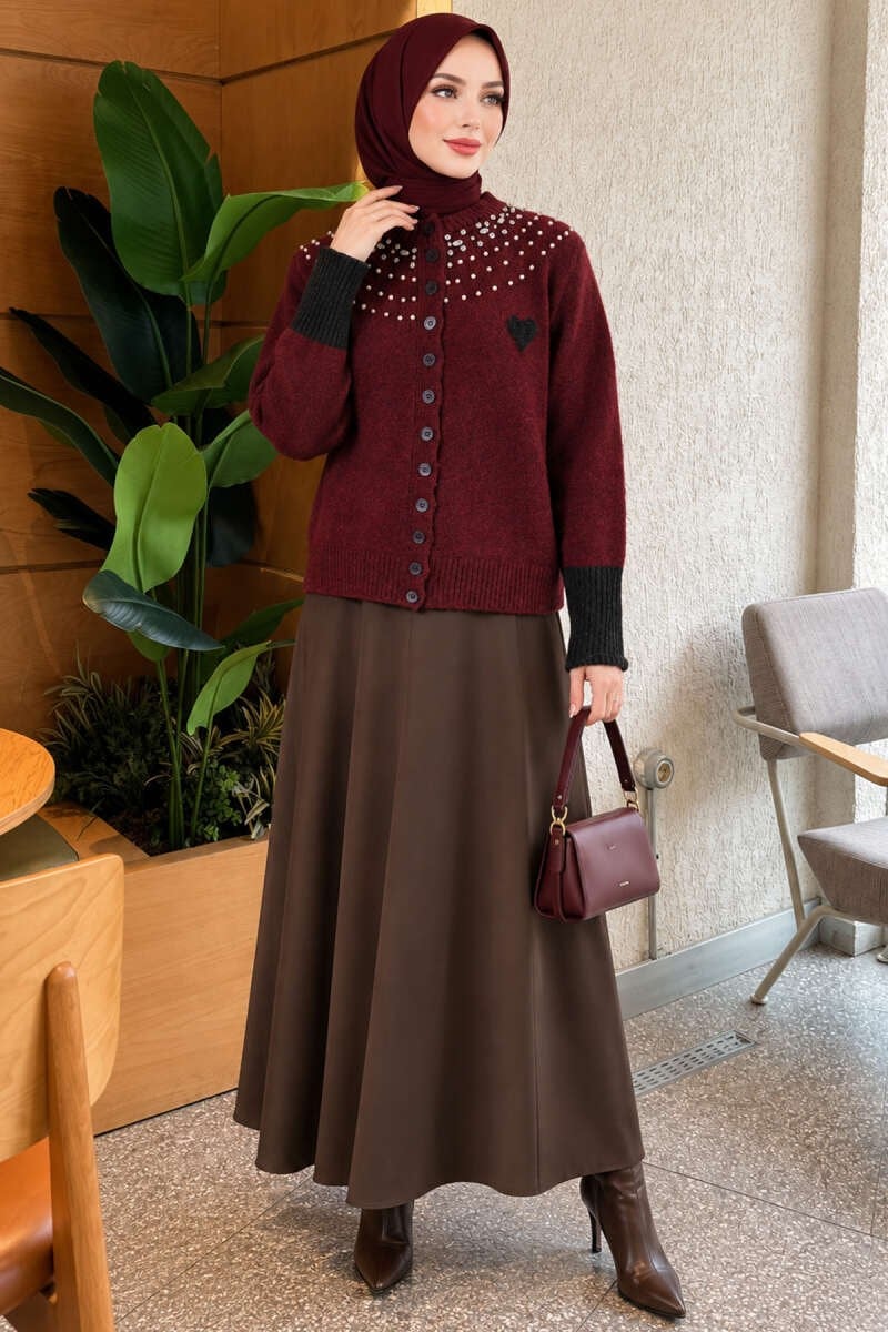 Yaka Taşlı Kalplı Triko Hırka Bordo
