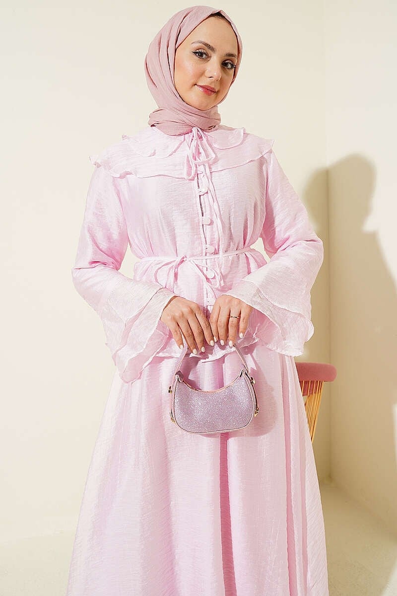 Yakası Fırfırlı Brit Düğmeli Etekli Takım Pembe