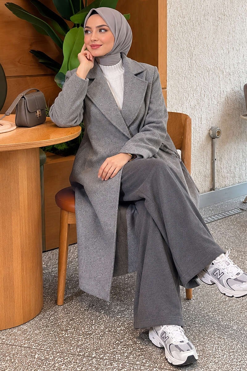 Yan Bağcıklı Kaşe Kaban Melanj Gri