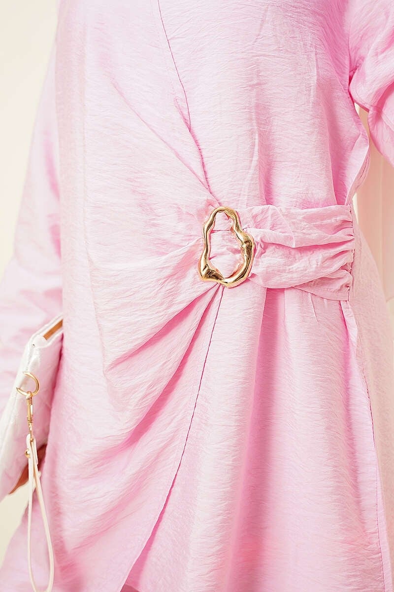 Yan Gold Tokalı Tunik İkili Takım Pembe