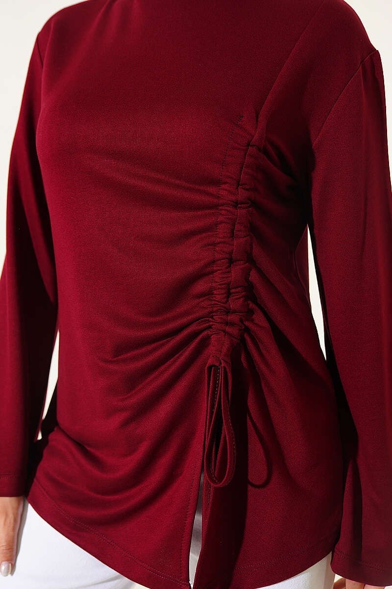 Yan İp Büzgülü Tunik Bordo