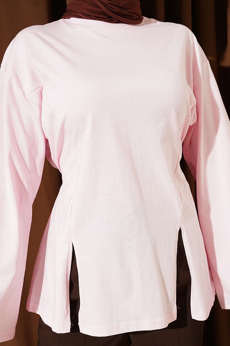 Yan İpli Yırtmaçlı Tunik Pembe