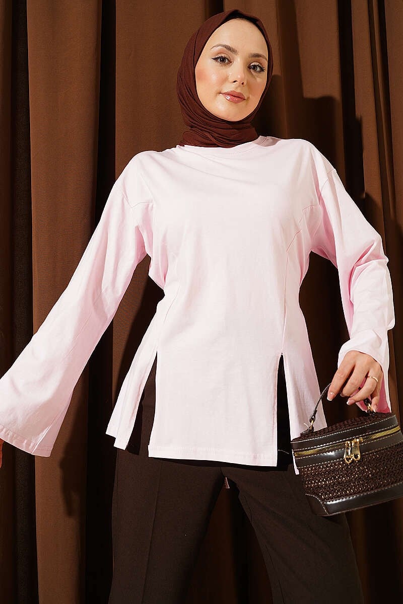 Yan İpli Yırtmaçlı Tunik Pembe