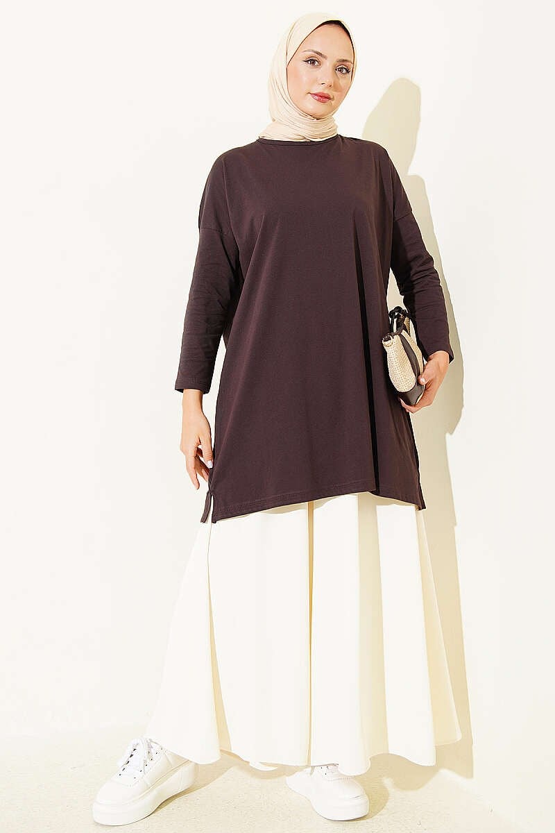 Yan Yırtmaçlı Basic Tunik Acı Kahve