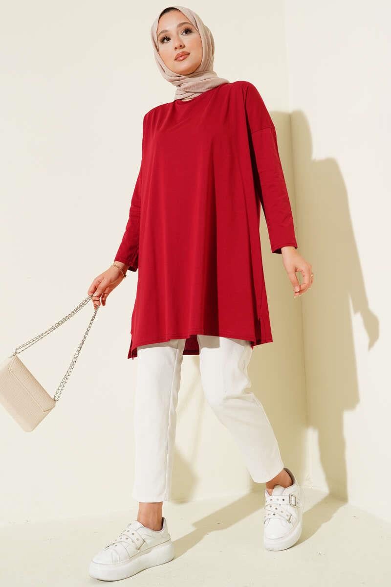 Yan Yırtmaçlı Basic Tunik Bordo