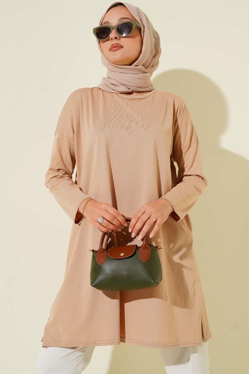 Yan Yırtmaçlı Basic Tunik Camel