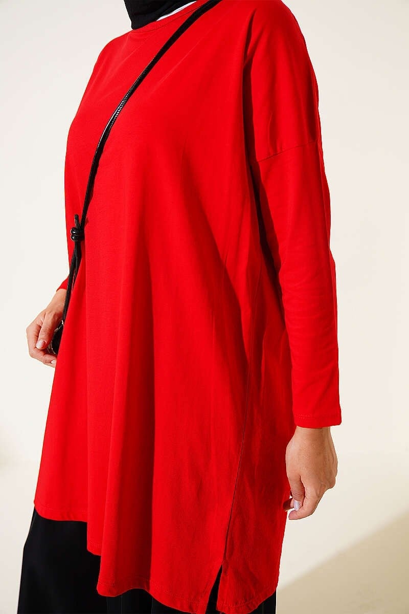 Yan Yırtmaçlı Basic Tunik Kırmızı