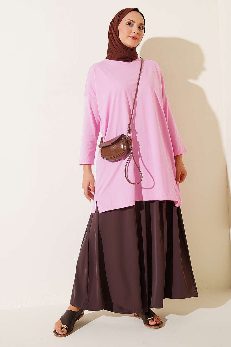 Yan Yırtmaçlı Basic Tunik Pembe