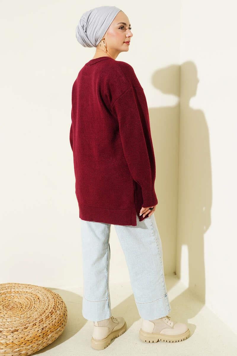 Yan Yırtmaçlı Yumoş Uzun Triko Tunik Bordo