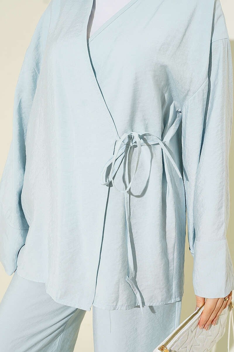 Yandan İp Bağcıklı Kimono İkili Takım Bebe Mavi