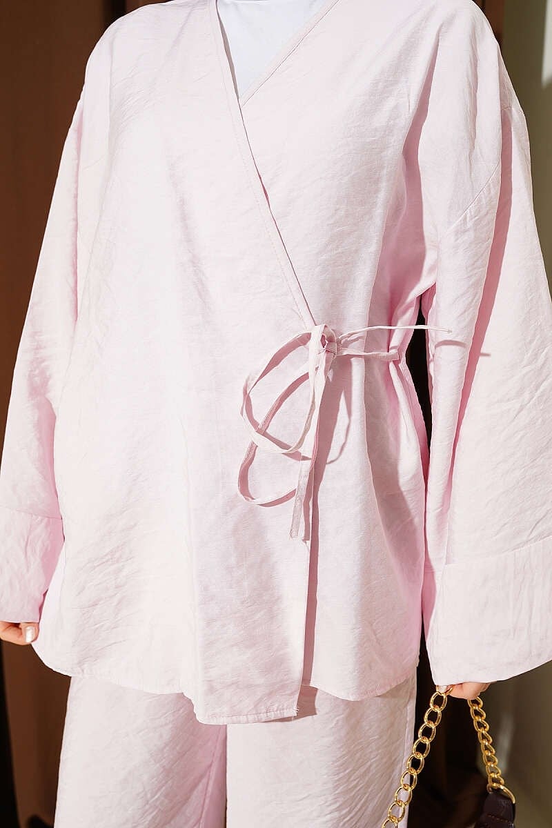 Yandan İp Bağcıklı Kimono İkili Takım Pembe