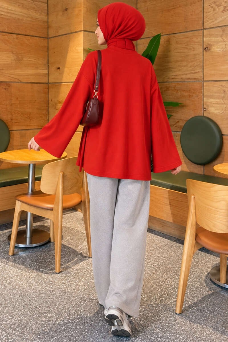 Yandan İp Bağlama Detaylı Tunik Kırmızı