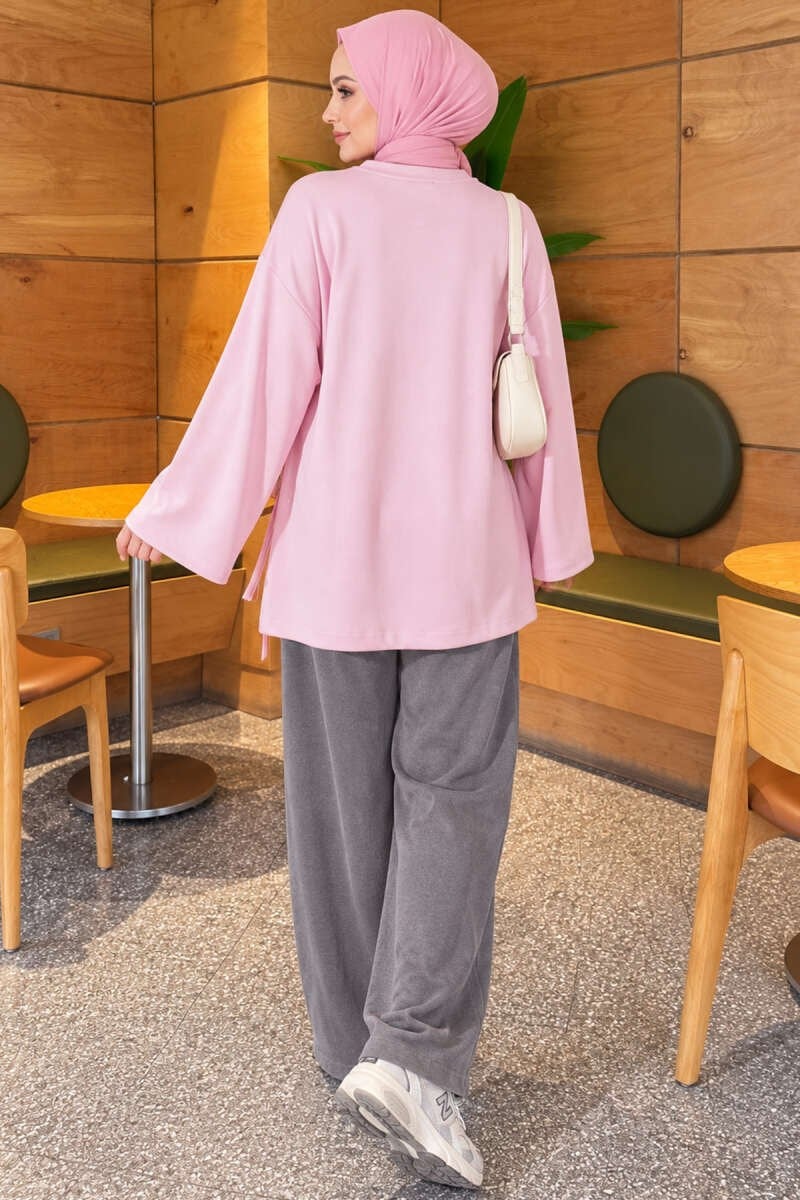 Yandan İp Bağlama Detaylı Tunik Pembe